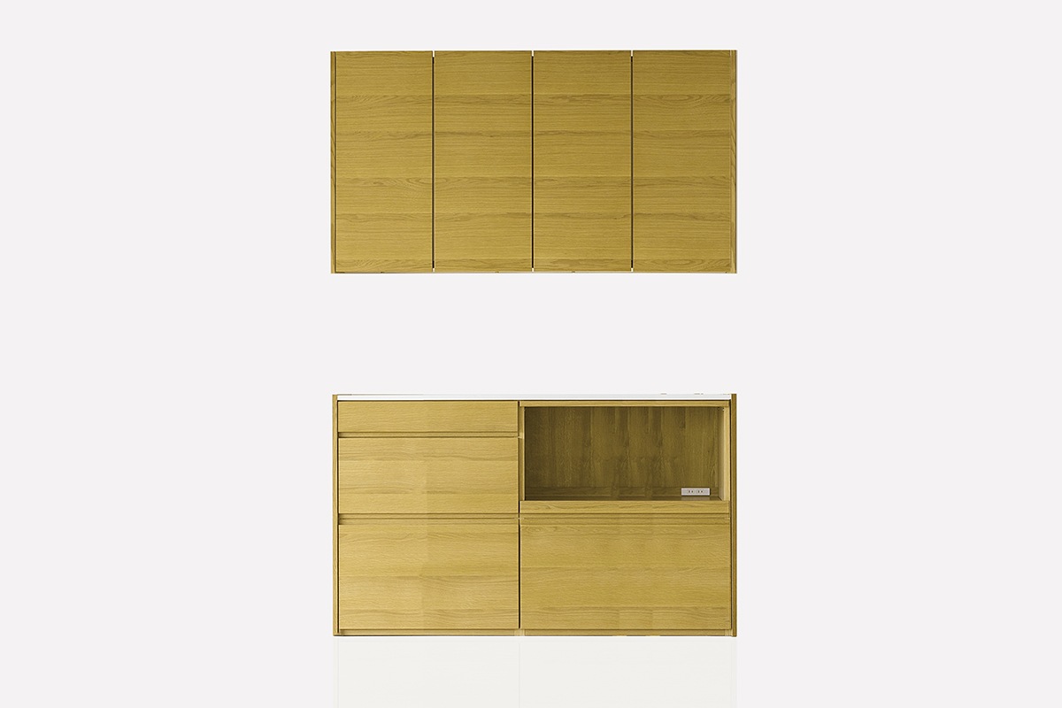 HARVEST SET12 オーダー天板 (幅154cm) + 下台用サイドパネル (左右セット) + 70引出下台 + 84オープン下台 + 上置き用高さオーダーサイドパネル (左右セット) + 幅154cm 高さオーダー 4枚扉上置き（吊り戸) オーク/ウォルナット