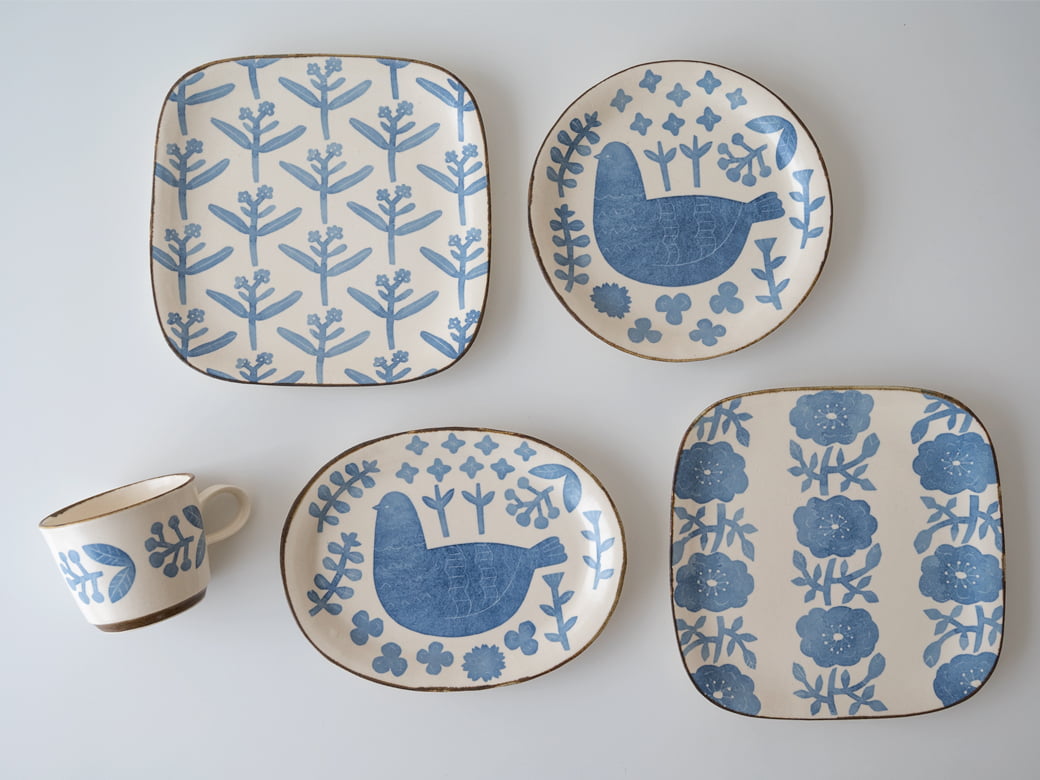 かとうようこ 和紙染め オーバル皿／鳥と草花（青・茶） | かとう