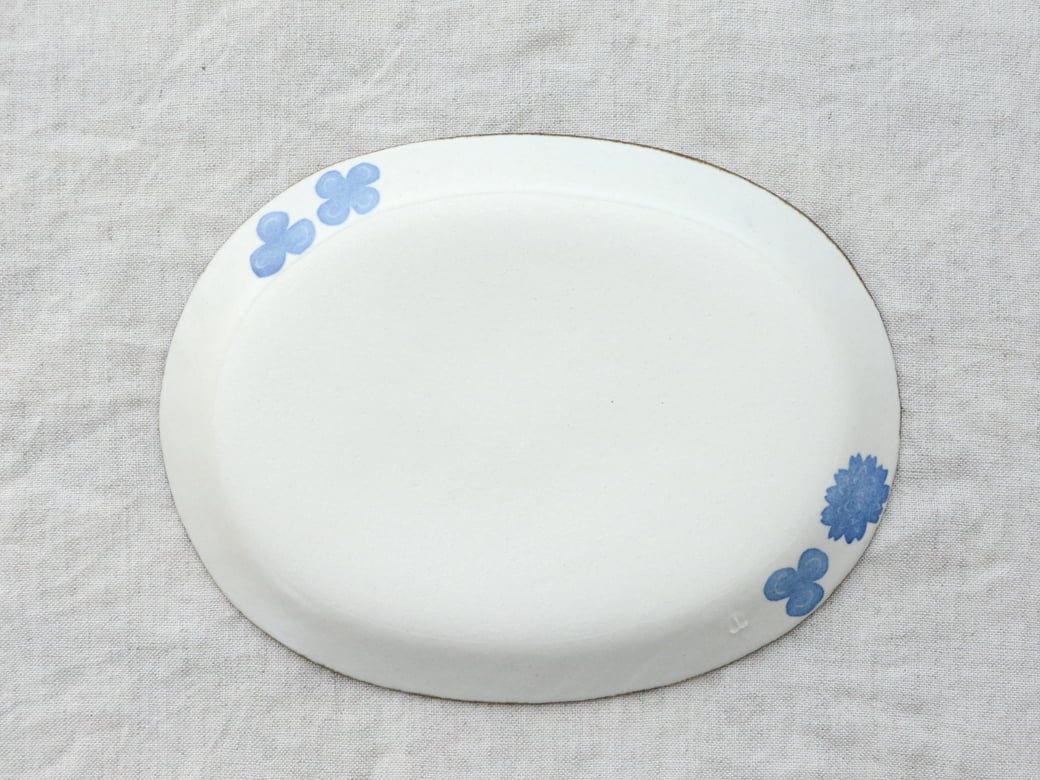 かとうようこ 和紙染め オーバル皿／鳥と草花（青・茶） | かとう