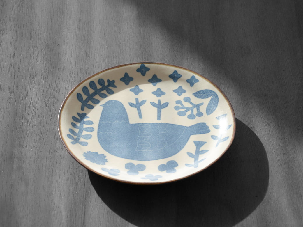 かとうようこ 和紙染め オーバル皿／鳥と草花（青・茶） | かとう