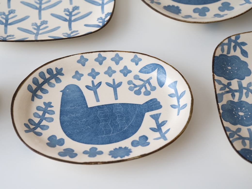 かとうようこ 和紙染め オーバル皿／鳥と草花（青・茶） | かとう