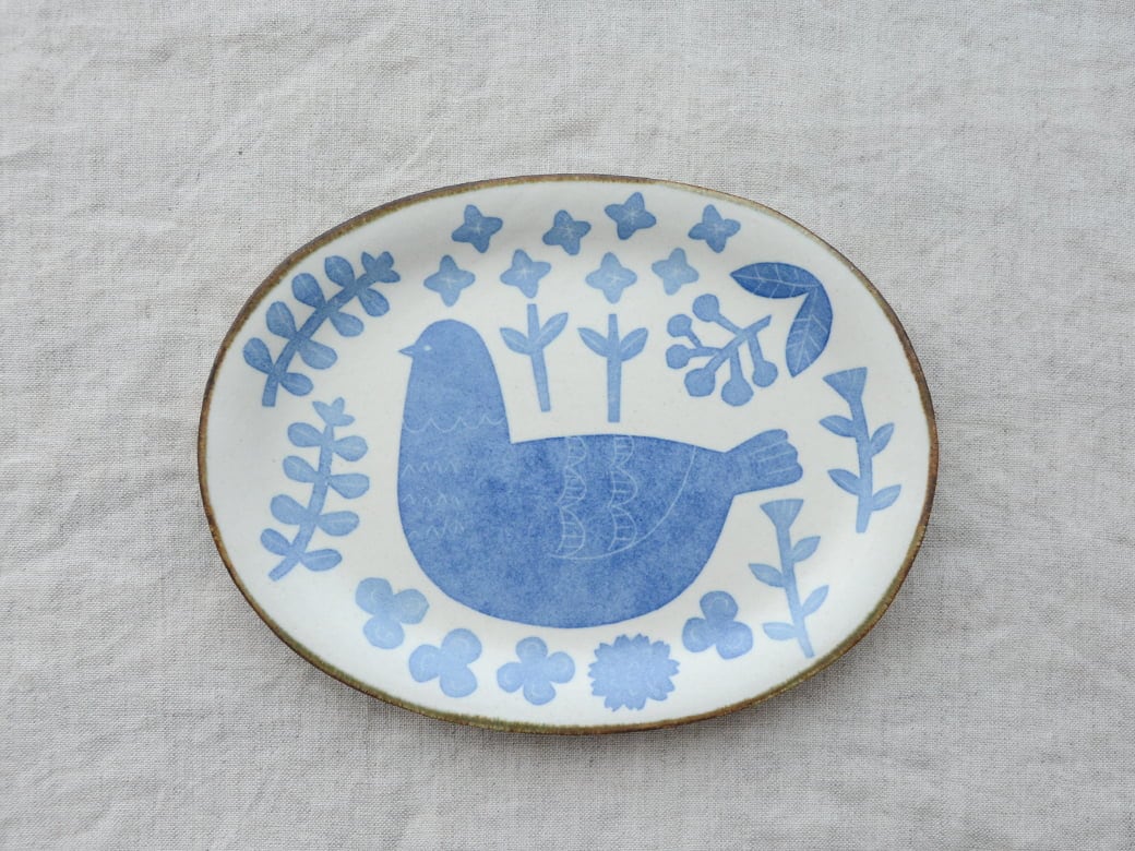 かとうようこ 和紙染め オーバル皿／鳥と草花（青・茶） | かとう