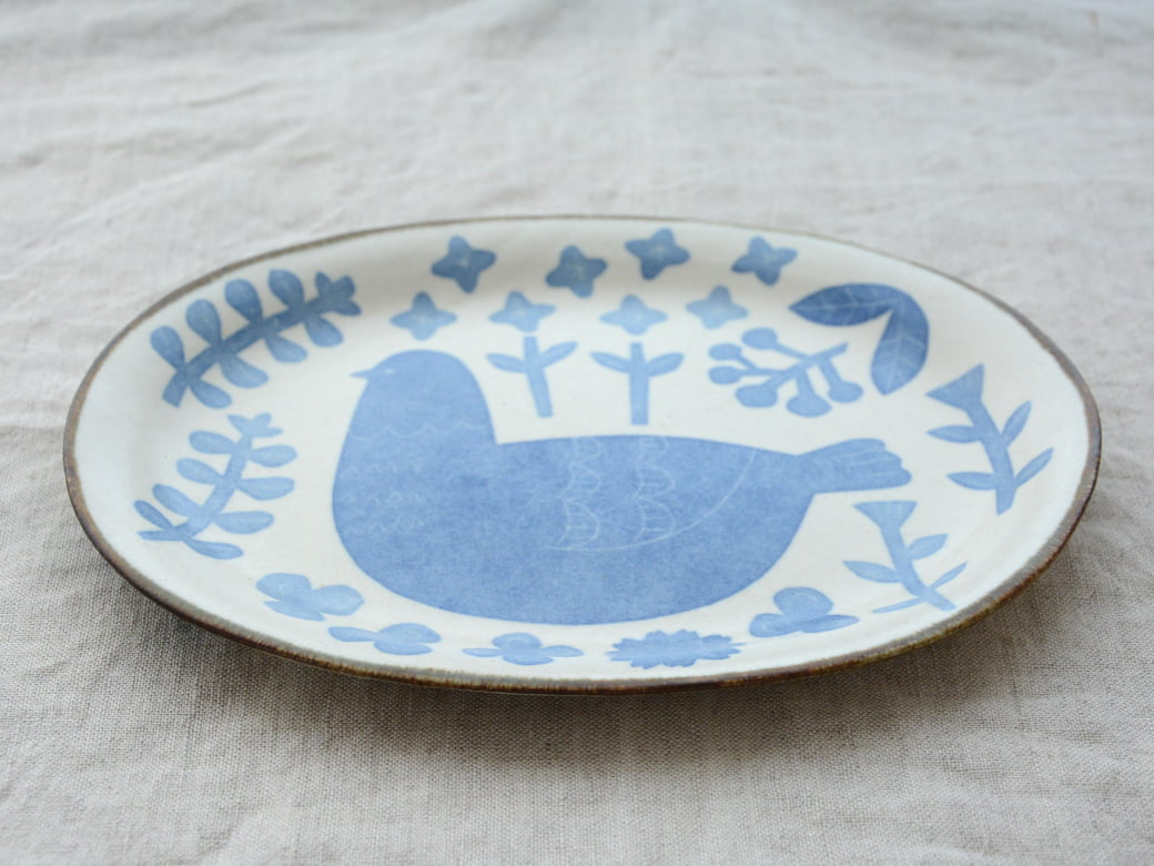かとうようこ 和紙染め オーバル皿／鳥と草花（青・茶） | かとう