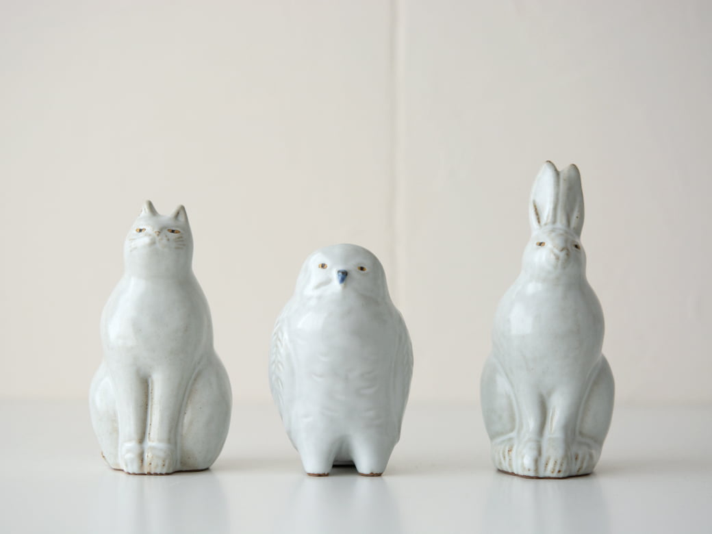 sen 動物の置物／3種類（フクロウ・ネコ・ウサギ） 【陶器のオブジェ