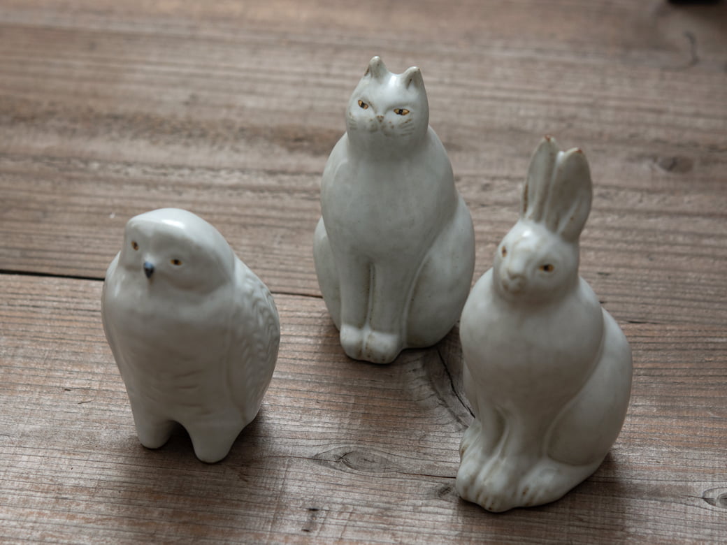 sen 動物の置物／3種類（フクロウ・ネコ・ウサギ） 【陶器のオブジェ