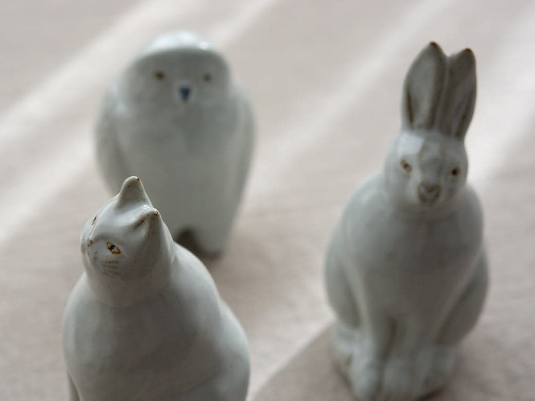 sen 動物の置物／3種類（フクロウ・ネコ・ウサギ） 【陶器のオブジェ