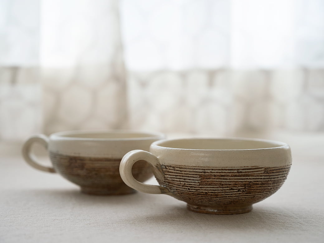 古谷製陶所＊手付丸型＊スープカップ＊2個セット＊信楽焼＊古谷浩一 古谷製陶所（古谷浩一）渕荒横彫 手付丸スープカップ 【信楽焼 スープ