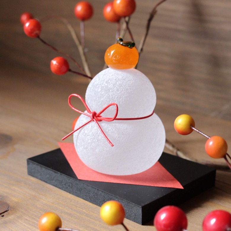 楽寺がらす工房 ガラスの鏡餅のオブジェ／小サイズ 【かがみもち