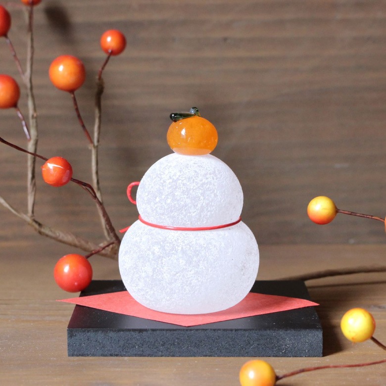 楽寺がらす工房 ガラスの鏡餅のオブジェ／小サイズ 【かがみもち