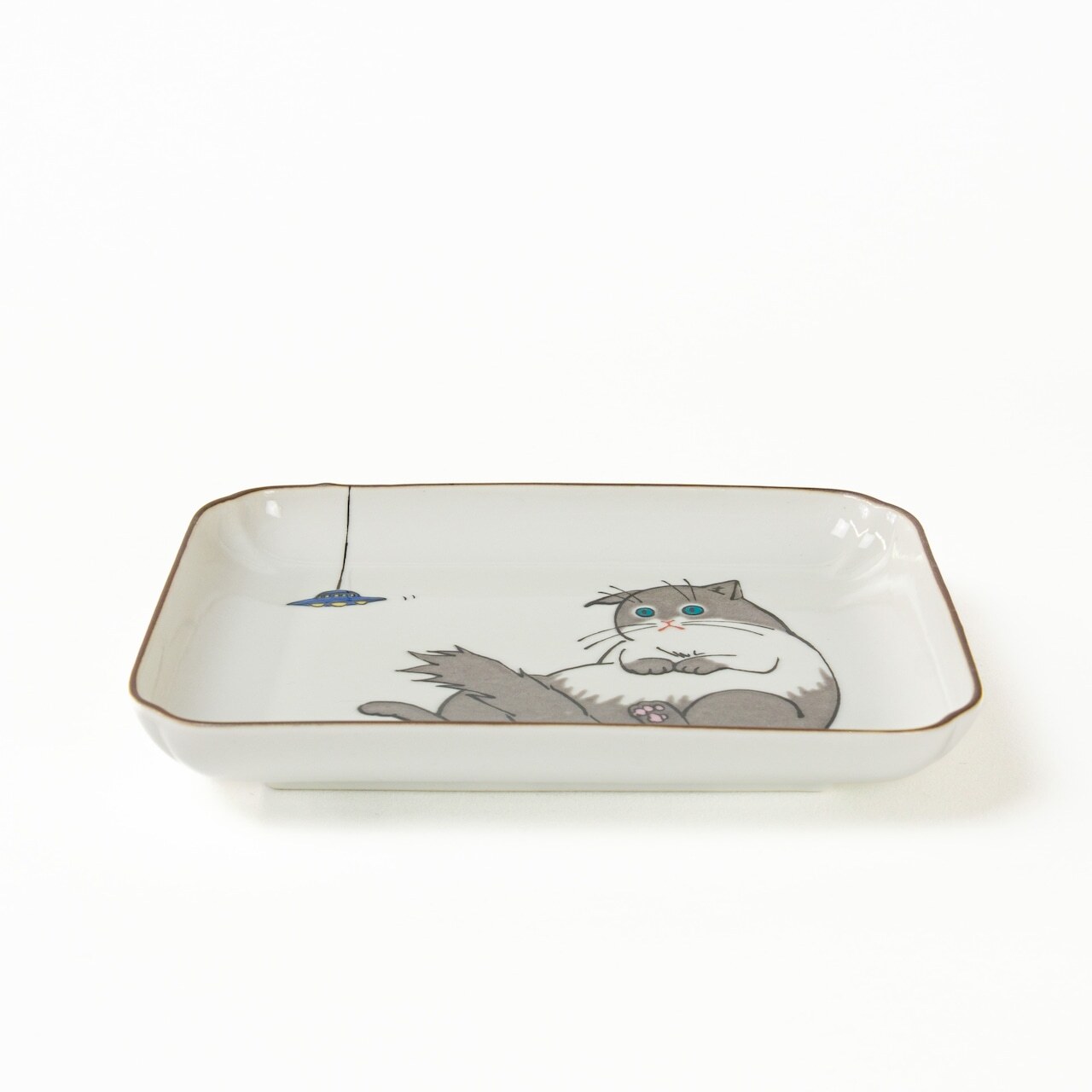 新品　九谷焼　13cm皿　猫　E クタニシール ネコ・ジェラシー 長角皿 取り皿 菓子皿【九谷焼
