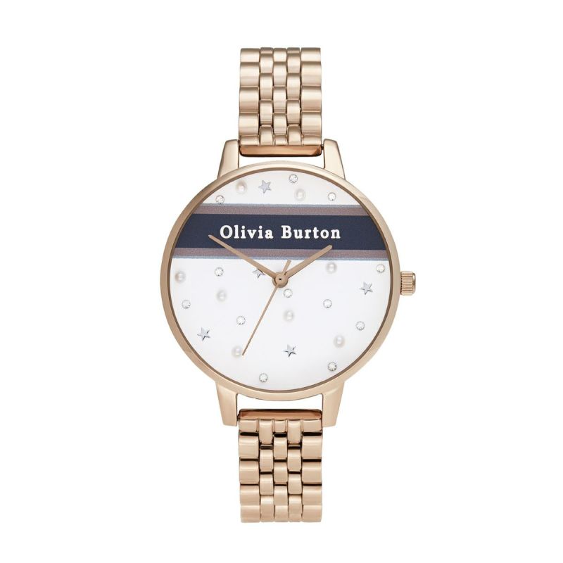 OLIVIA BURTON｜Varsity ヴァースティー ピンクネイビー ストライプ ローズゴールドブレスレット