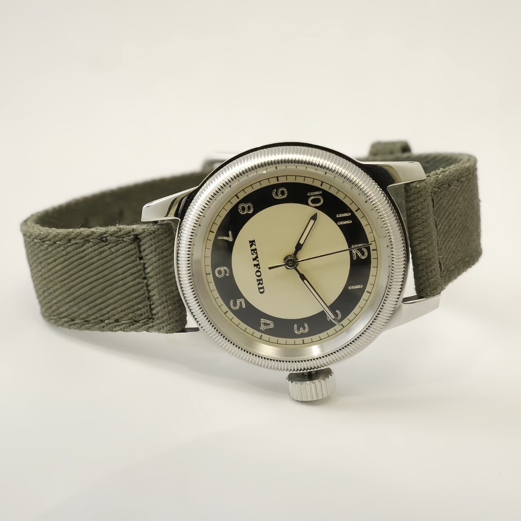 【最短即日発送】M.R.M.W.×KEYFORD モントルロロイミリタリーウォッチ 腕時計 メンズ レディースTuxedo dial タキシードダイヤル コッパー／グリーン 布ベルト