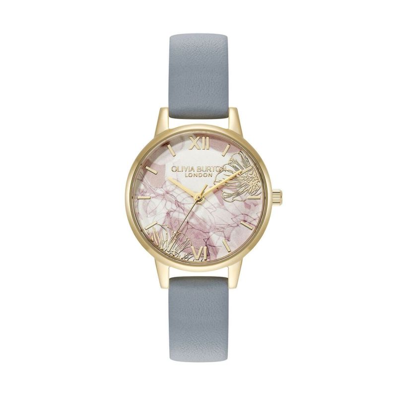 OLIVIA BURTON｜Signature シグネチャー アブストラクトフローラル ゴールド チョークブルーレザーベルト