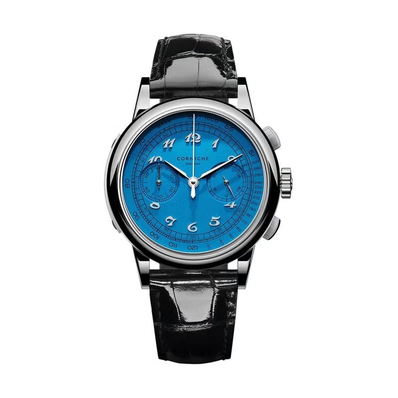【世界300本限定】CORNICHE｜Heritage Chronograph Demande Speciale VI ヘリテージクロノグラフ デマンド スペシアーレ VI シルバー アズールブルー ブラックレザー 