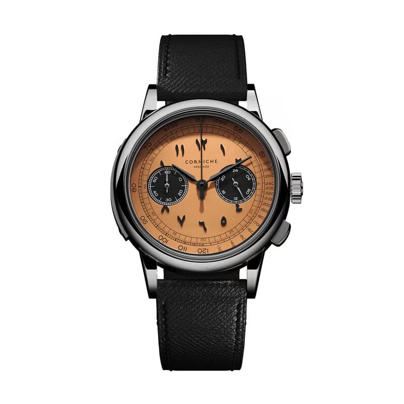 【世界250本限定】CORNICHE｜Heritage Chronograph Mirage ヘリテージクロノグラフ ミラージュ シルバー サーモン ブラックレザー