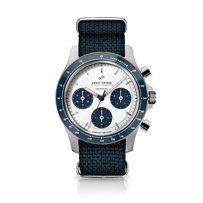 AV86（旧 ABOUT VINTAGE アバウトヴィンテージ）｜1960 Racing Chronograph 41mm レーシング クロノグラフ スチール シルバー ホワイトネイビー NATOベルト