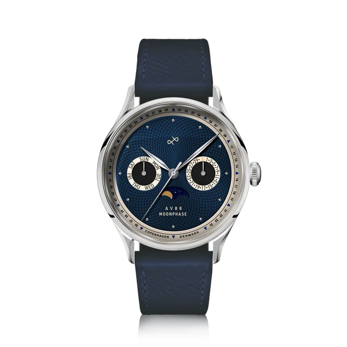 AV86（旧ABOUT VINTAGE アバウトヴィンテージ）｜1968 Moonphase ムーンフェイズ スチール シルバー ダークブルー レザーベルト