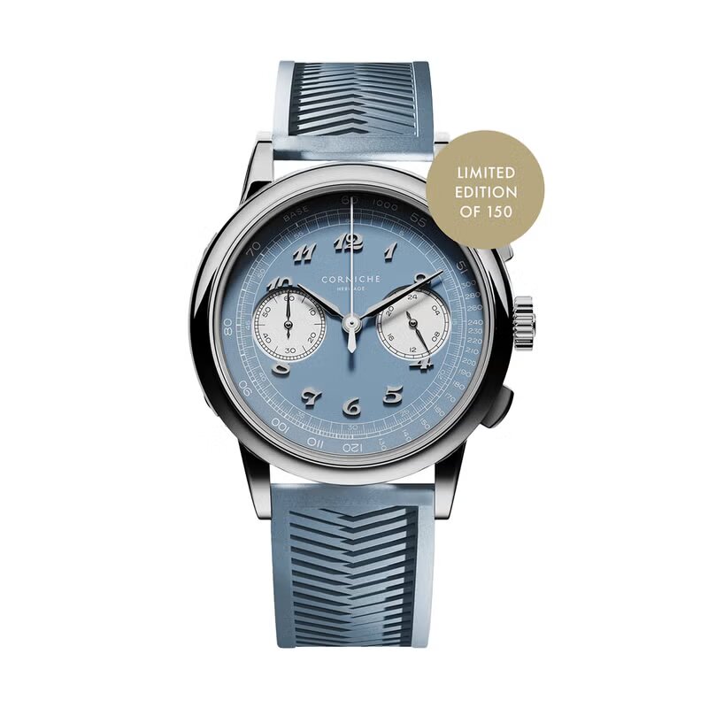 〈世界150本限定〉CORNICHE コーニッシュ｜Heritage Chronograph Visage ヘリテージクロノグラフ ヴィサージュ シルバー ブルーラバーベルト
