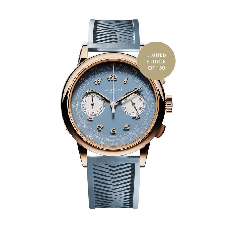 〈世界150本限定〉CORNICHE コーニッシュ｜Heritage Chronograph Visage ヘリテージクロノグラフ ヴィサージュ ローズゴールド ブルーラバーベルト