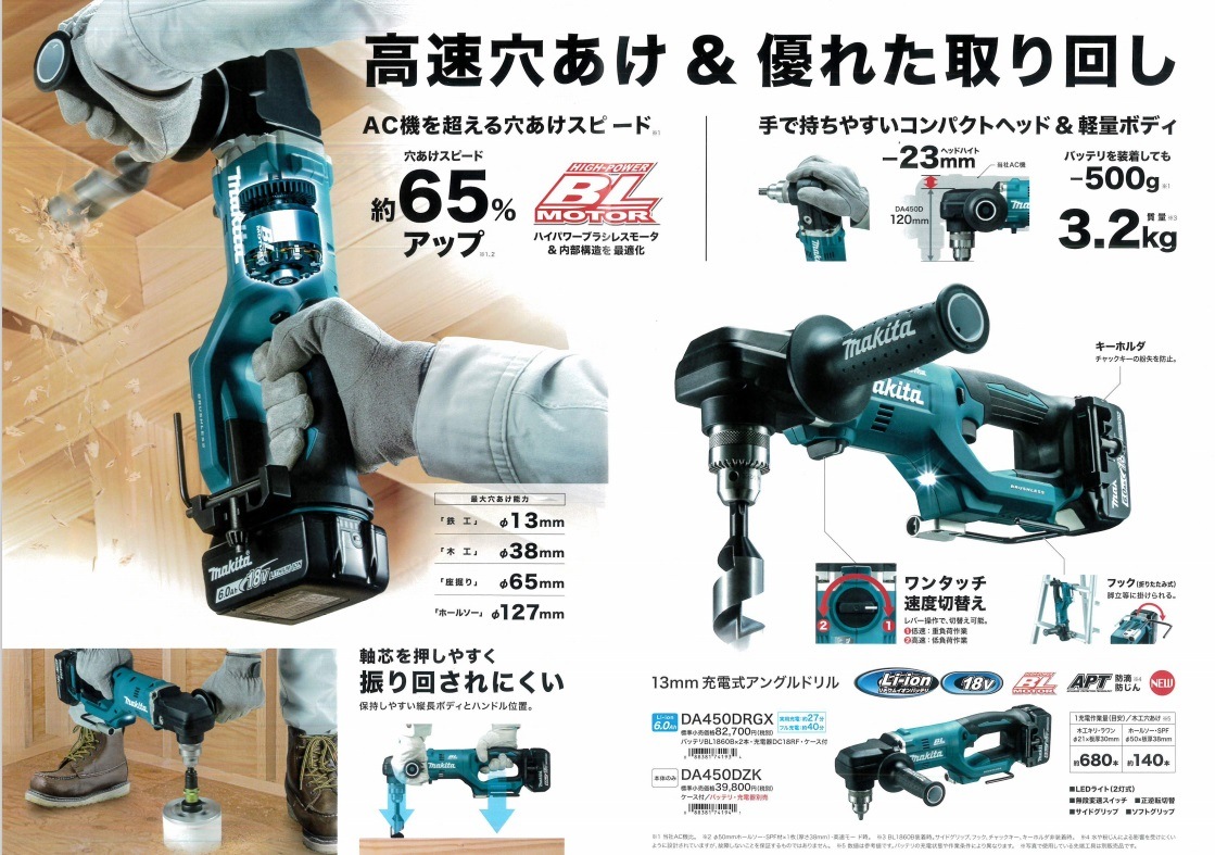 MAKITA(マキタ) 13mm充電式アングルドリル DA450DRG・DA450DZK | 電動