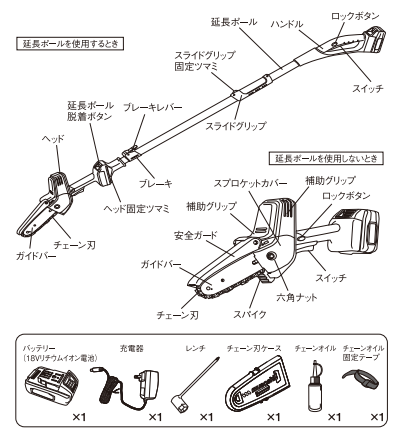 ムサシ（musashi） 充電式ハンディ＆ポールチェーンソー PCS