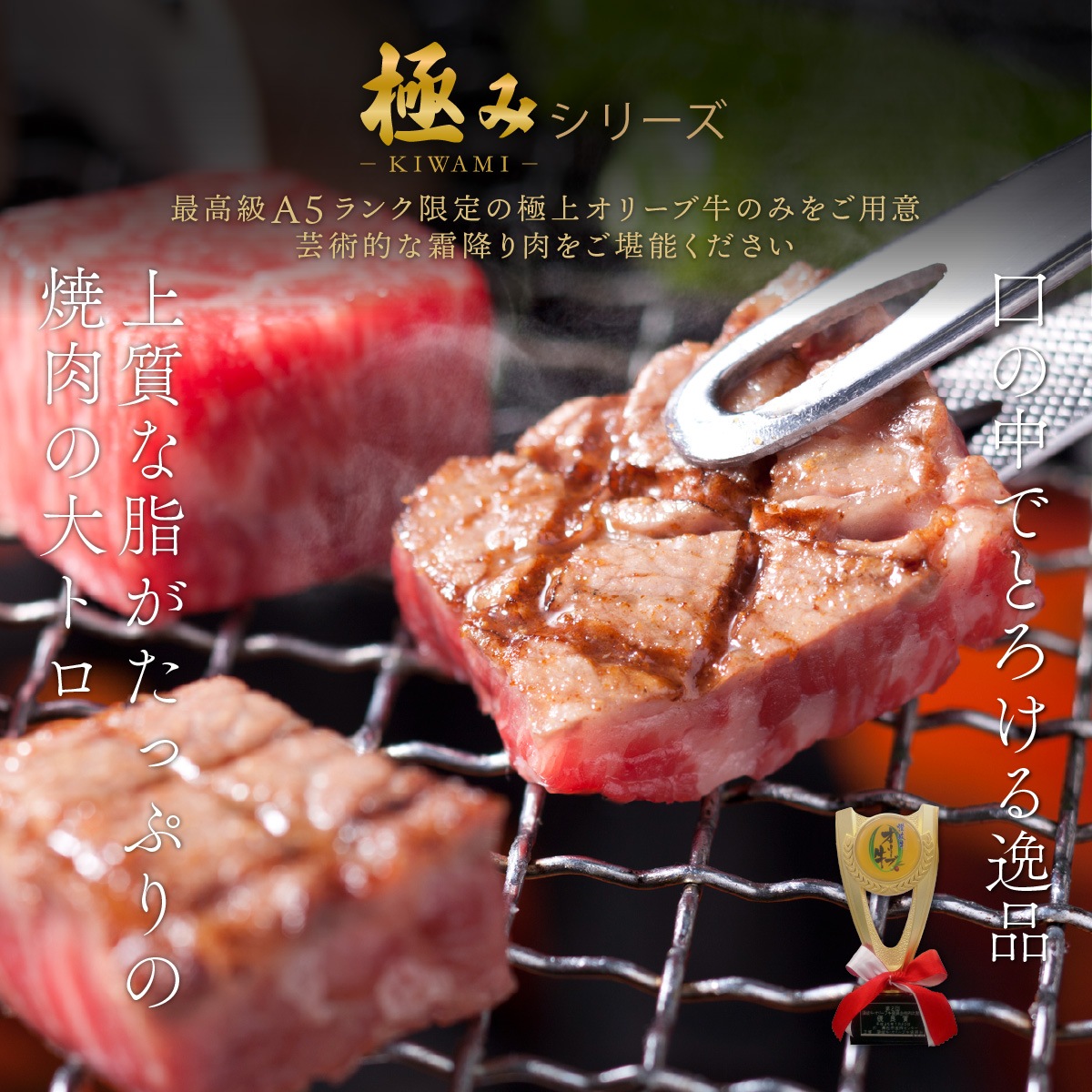 ☆送料無料☆【A5ランク限定使用】OHK 岡山放送 金バク！でお宝認定されました！ オリーブ牛 焼肉セット 極みカルピ+特製中辛タレ(2本)