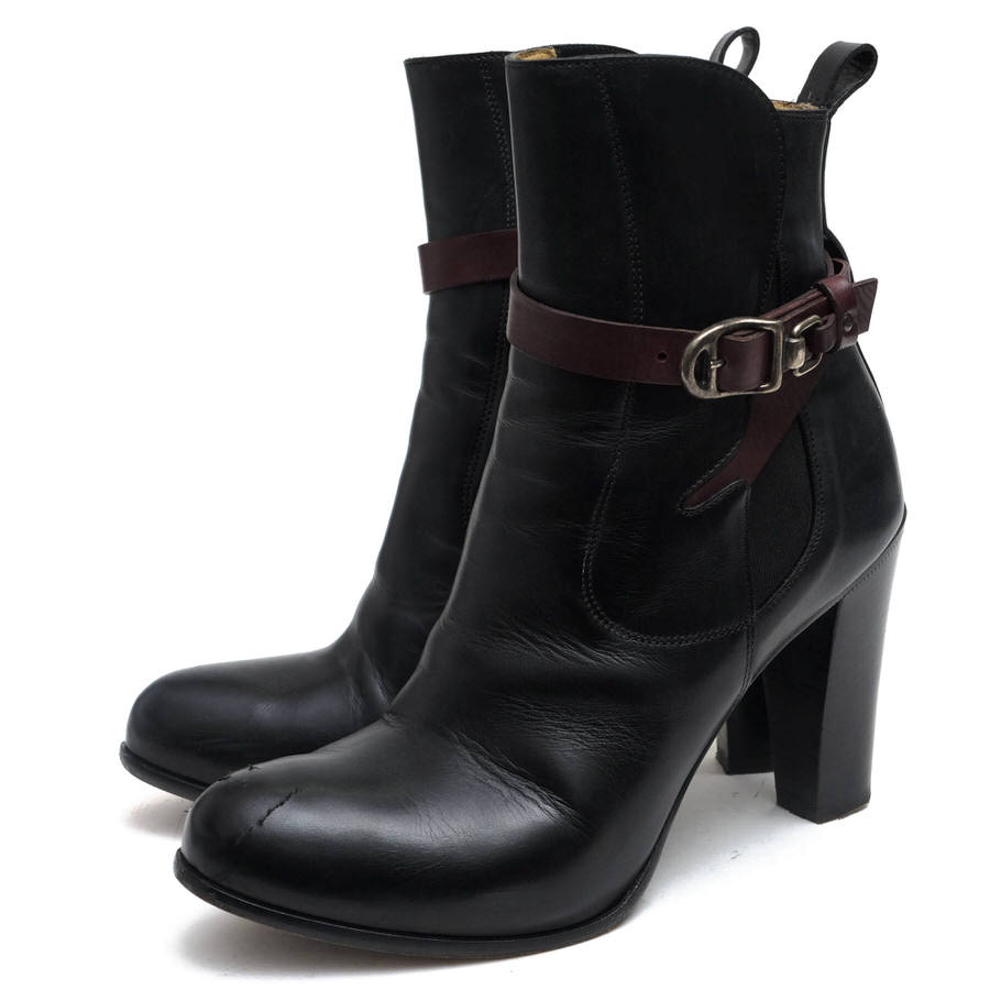 SARTORE 黒 レザー ジッパー付きブーティ ヒール8cm｜靴