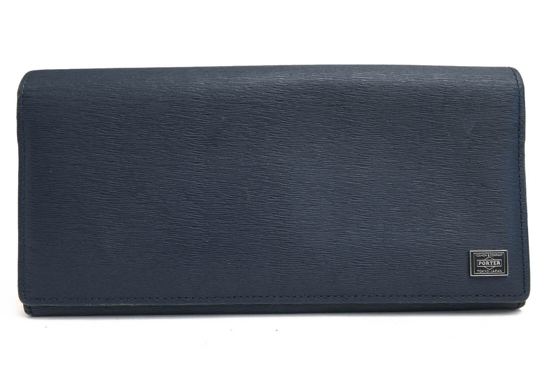 PORTER 052-02201 CURRENT WALLET カレント / ポーター 吉田カバン 牛ステア コンビネーション鞣し エンボス加工 二つ折り 小銭入れあり ネイビー 紺 長財布 メンズ|