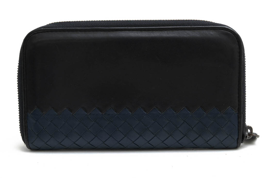 【美品】ボッテガヴェネタ 2つ折財布 イントレチャート 革 黒 青 バイカラー BOTTEGA VENETA / ボッテガヴェネタ ユニセックス 二つ折り 小銭