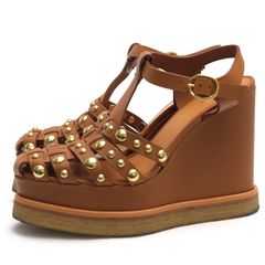 CELINE 338343363C.04LU Manon Wedge Sandal in Calfskin / ���꡼�� ����ǥ��������� �����ե����� ���� ���졼�ץ����� �����å������� �֥饦�� �� ������� ��ǥ�����