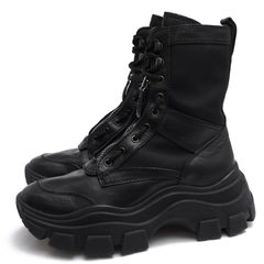 PRADA 2UE003 Vertical Leather And Technical Fabric Combat Boots / �ץ�� ����Хåȥ֡��� ��̩�٥ʥ����� ���� �֥�å� �� ����֡��� ���