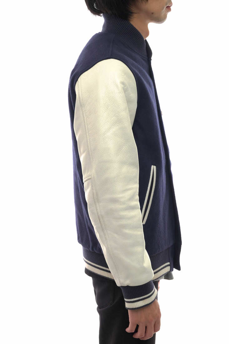 NIKE 372270-400 DESTROYER JACKET デストロイヤー / ナイキ NSW 袖レザー 牛革 バイカラー 中綿 リブ ネイビー 紺 スタジャン メンズ | BRANDING NIKE 372270-400 DESTROYER JACKET デストロイヤー / ナイキ NSW 袖レザー 牛革 バイカラー 中綿 リブ ネイビー 紺 スタジャン メンズ | BRANDING