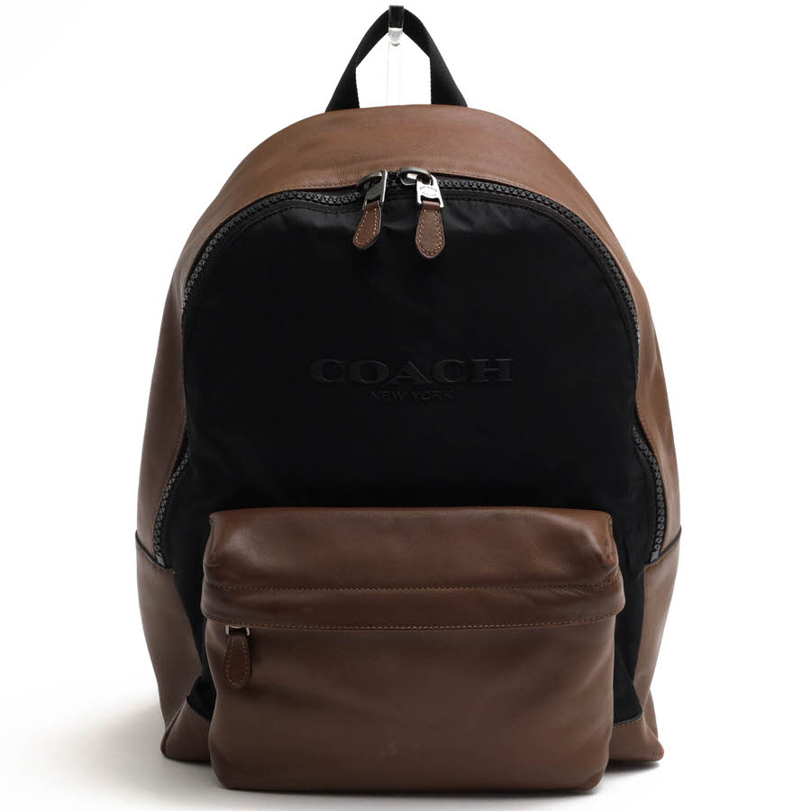 美品　COACH コーチ　リュック 黒/茶　F59321 COACH F59321 Charles Backpack In Nylon チャールズ バックパック