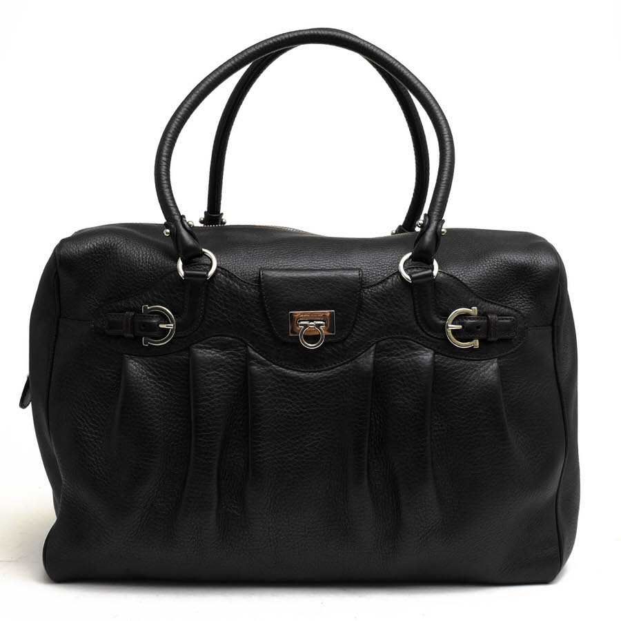 フェラガモ ボストンバッグ オールレザー 型押し ブラック ガンチーニ