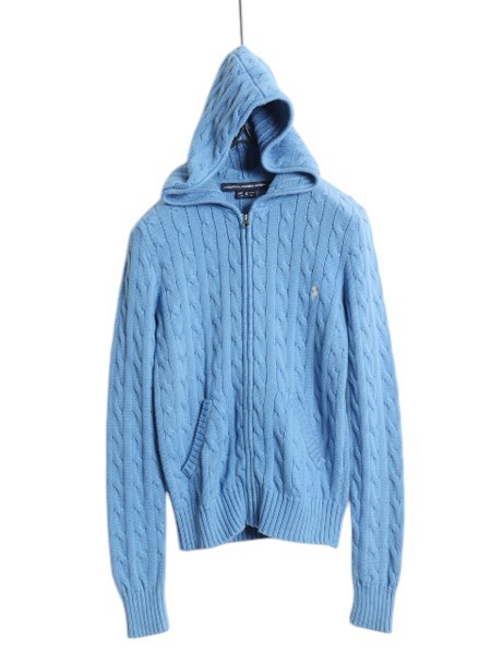 Ralph Lauren - ラルフローレン コットン ケーブル ニット フード パーカー レディース S / ポロ フルジップ セーター ワンポイント ジップアップ ブルー ラルフローレン コットン ケーブル ニット フード パーカー