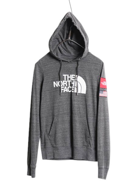 THE NORTH FACE - ノースフェイス プリント フード パーカー レディース S プルオーバー ストレッチ 長袖 Tシャツ ロンT 薄手 カットソー 星条旗 ワッペン 灰 ノースフェイス プリント フード パーカー レディース S プル