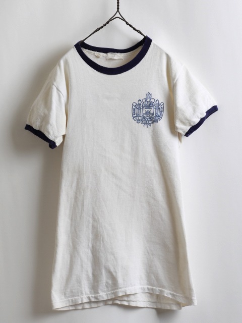 60's USNA Stain Logo Print Ringer Cotton T-Shirt (about L)