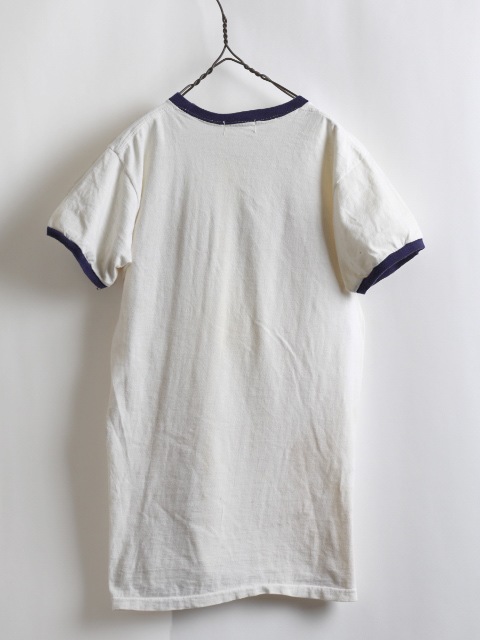 60's USNA Stain Logo Print Ringer Cotton T-Shirt (about L)