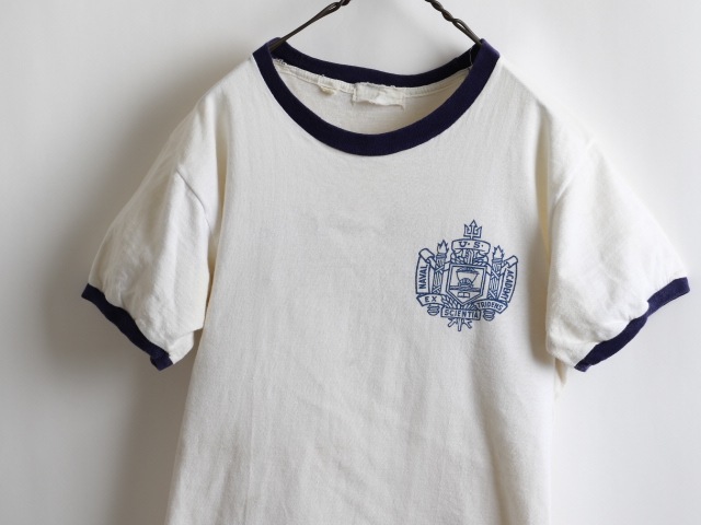 60's USNA Stain Logo Print Ringer Cotton T-Shirt (about L)