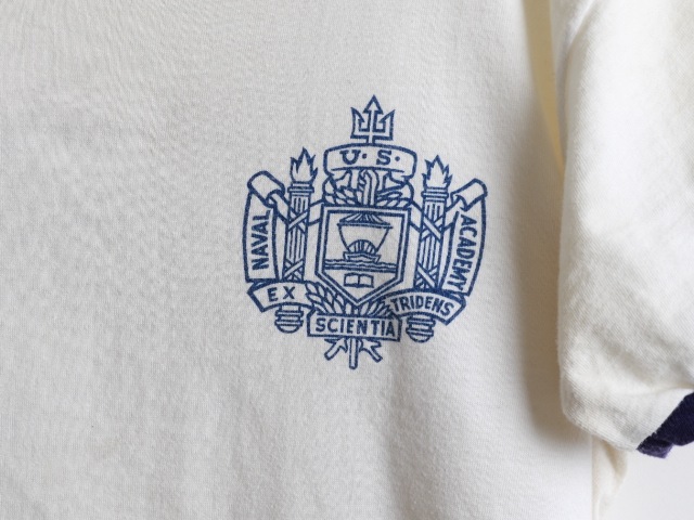 60's USNA Stain Logo Print Ringer Cotton T-Shirt (about L)