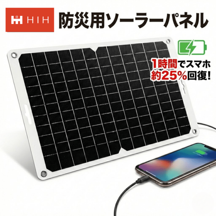 HIH 防災用ソーラーパネル コンパクトタイプ 太陽光でスマホ充電 停電・災害時に備える非常用電源