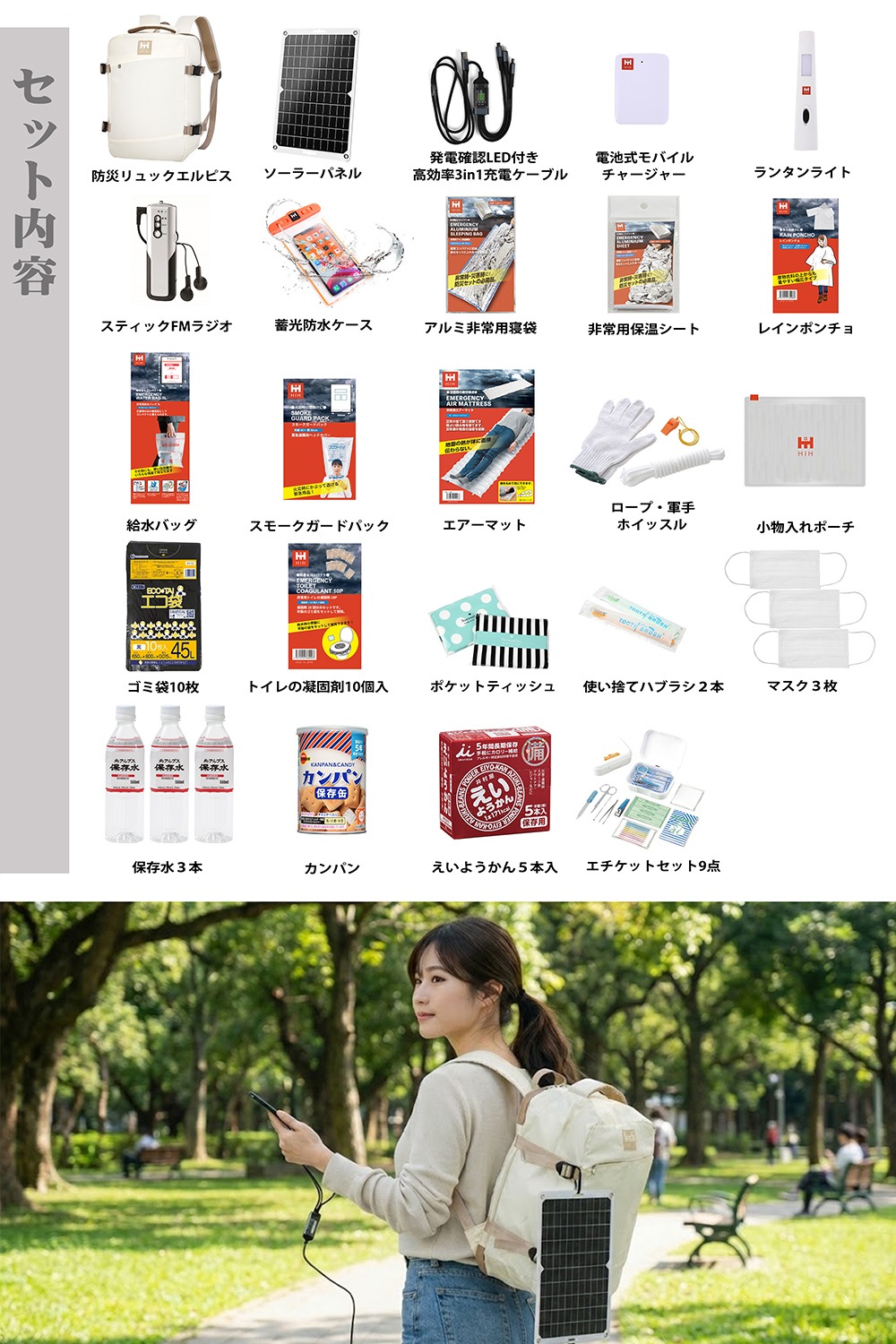 【防災用ソーラーパネル搭載】 防災セット 1人用 防災リュック 防災グッズセット 【HIH ハザードリュック エルピス solar】 非常用持ち出し袋 防災バッグ 防災リュック 1人 地震や停電に対応