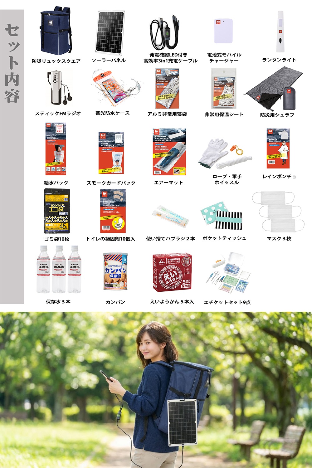 【防災用ソーラーパネル搭載】 防災セット 1人用 防災リュック 防災グッズセット 【HIH ハザードスクエアリュック solar】 非常用持ち出し袋 防災バッグ 防災リュック 1人 地震や停電に対応