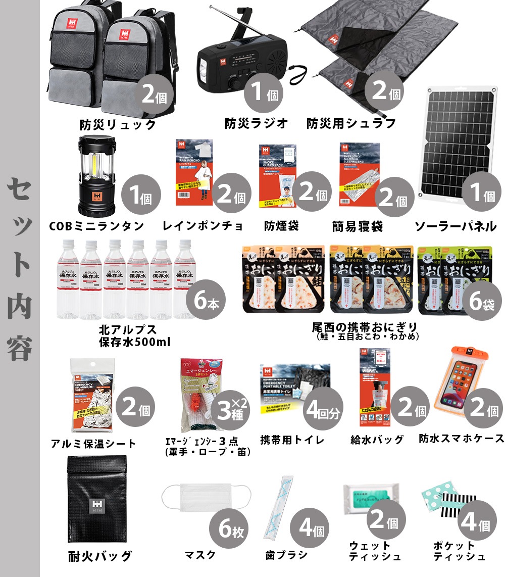 【防災用ソーラーパネル搭載】 防災セット ２人用 HIH 防災グッズ 防災リュック 【ハザードリュック二人用solar-package 】 非常用持ち出し袋  リュック2個＋シュラフ2個 防災バッグ 避難リュック 避難グッズ 避難セット 災害グッズ 非常持ち出し袋  家族用 地震 停電対策