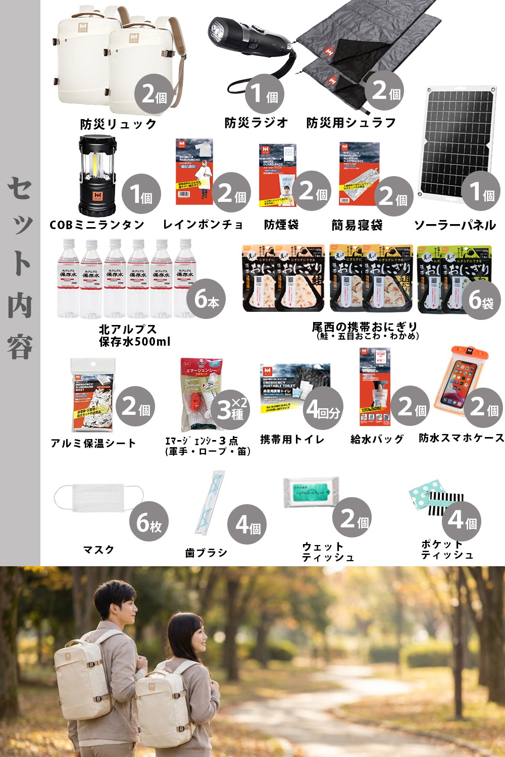 【防災用ソーラーパネル搭載】 防災セット ２人用 HIH 防災グッズ 防災リュック 【ハザードリュックElpis 二人用エルピス solar-package 】 非常用持ち出し袋  リュック2個＋シュラフ2個 防災バッグ 避難リュック 避難グッズ 避難セット 災害グッズ 非常持ち出し袋  家族用