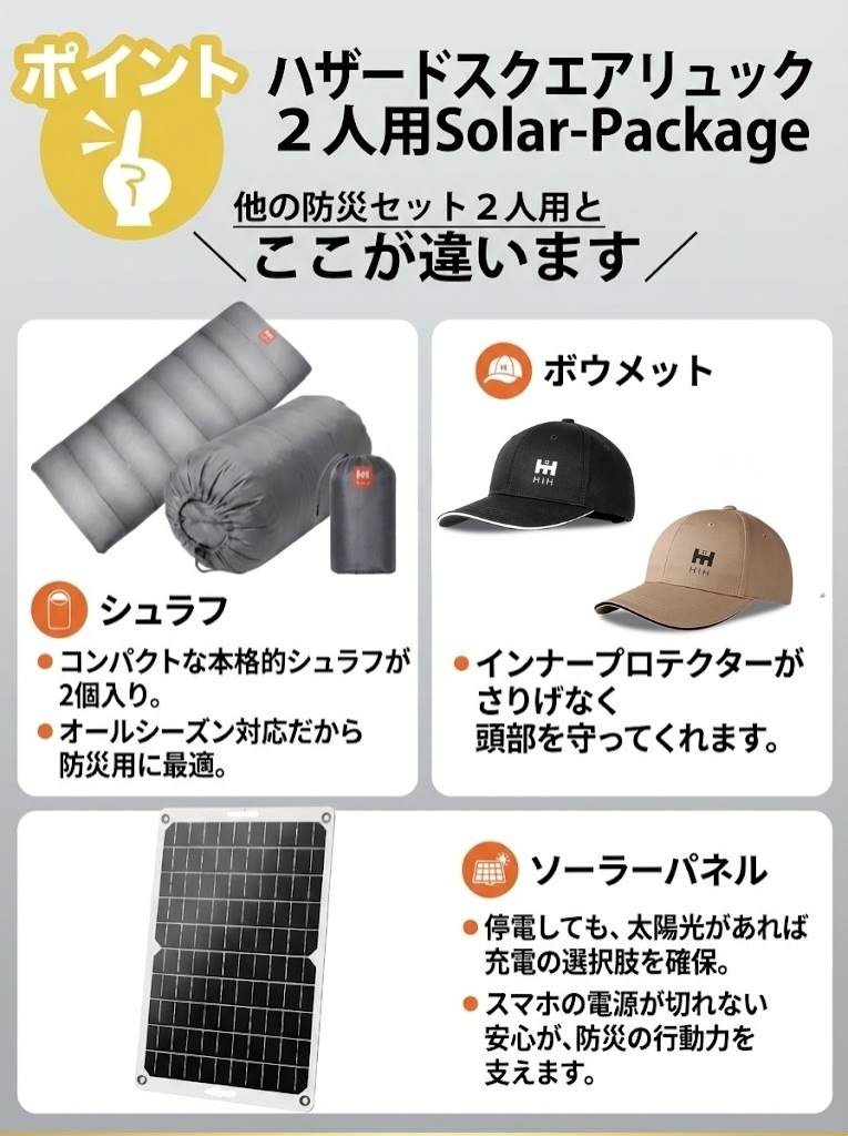 【防災用ソーラーパネル搭載】 防災セット ２人用 HIH 防災グッズ 防災リュック 【ハザードスクエアリュック二人用 solar-package 】 非常用持ち出し袋  リュック2個＋シュラフ2個 防災バッグ 避難リュック 避難グッズ 避難セット 災害グッズ 非常持ち出し袋  家族用