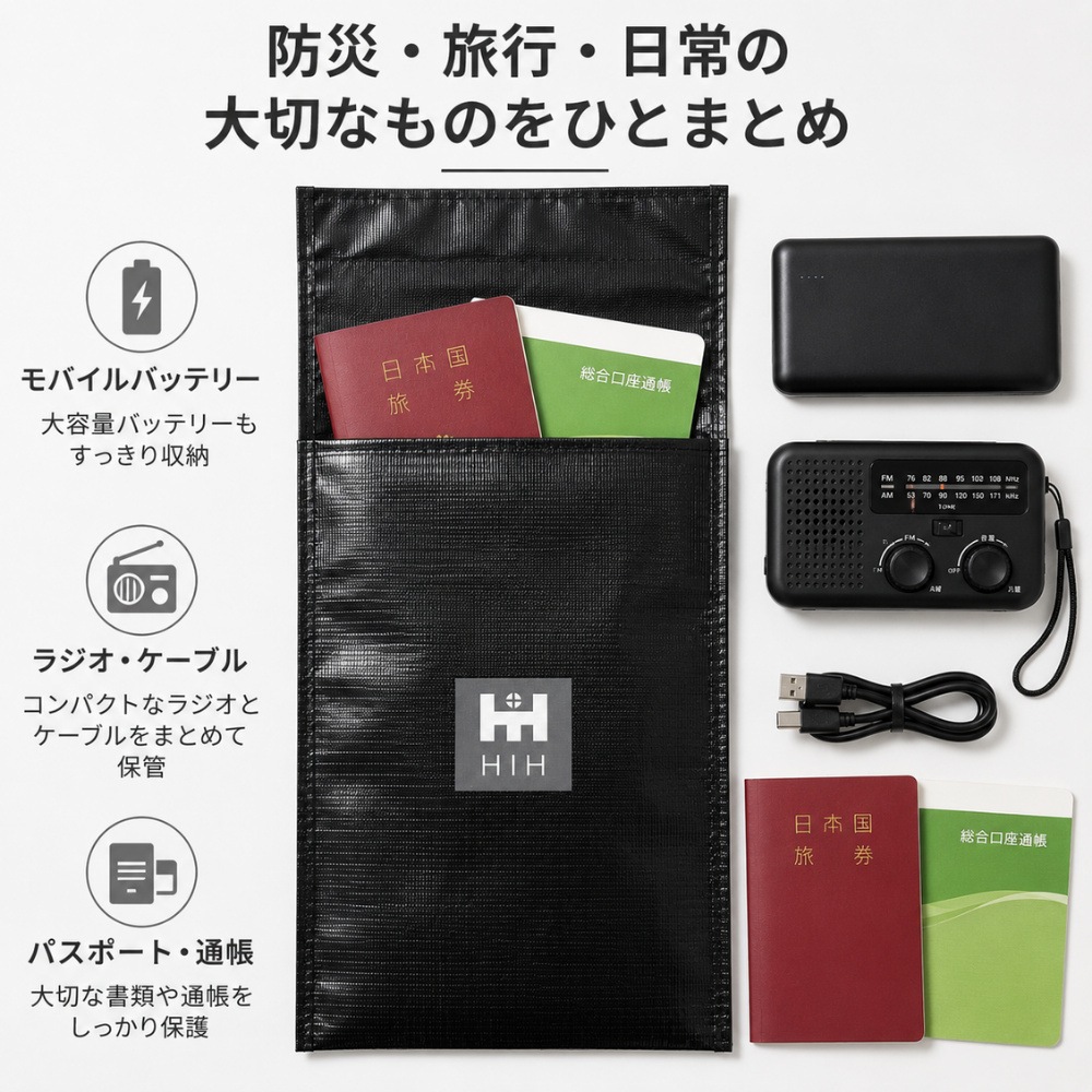 HIH 防災用 耐火バッグ 耐火ポーチ モバイルバッテリー保管用 耐火袋 充電式機器 発火・延焼対策 耐火ケース 防災グッズ