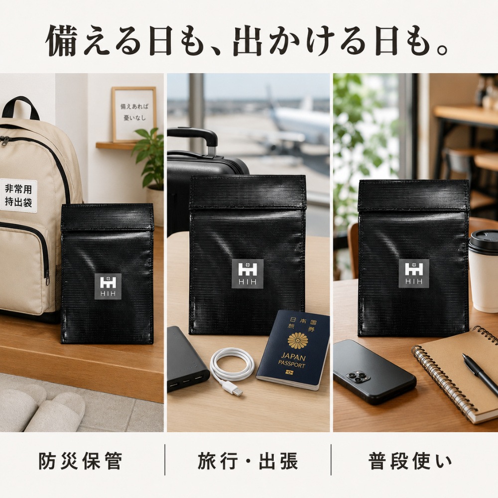 HIH 防災用 耐火バッグ 耐火ポーチ モバイルバッテリー保管用 耐火袋 充電式機器 発火・延焼対策 耐火ケース 防災グッズ