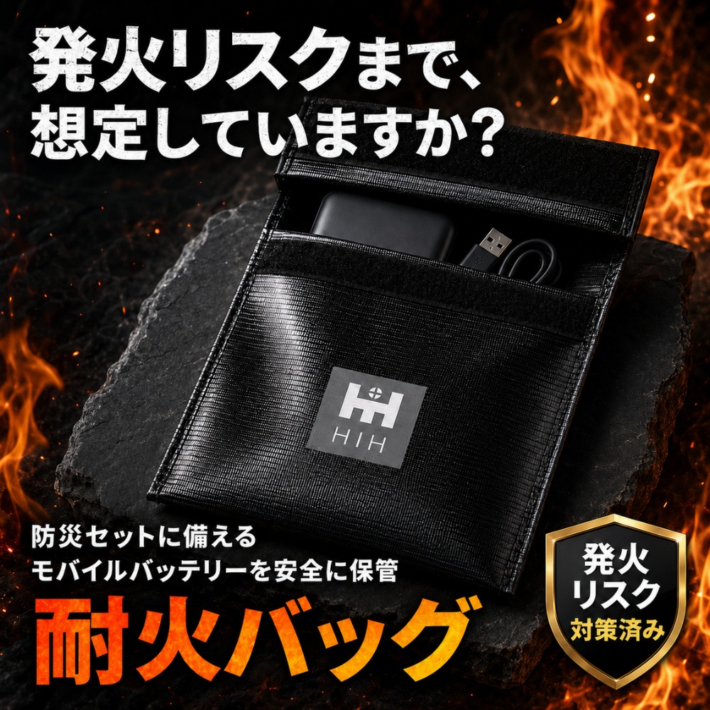 HIH 防災用 耐火バッグ 耐火ポーチ モバイルバッテリー保管用 耐火袋 充電式機器 発火・延焼対策 耐火ケース 防災グッズ