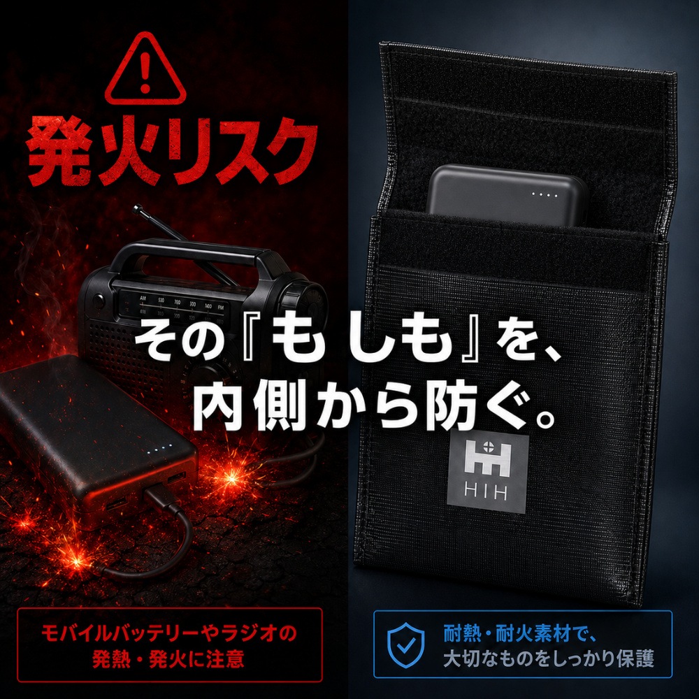 HIH 防災用 耐火バッグ 耐火ポーチ モバイルバッテリー保管用 耐火袋 充電式機器 発火・延焼対策 耐火ケース 防災グッズ